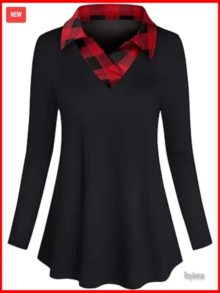 Long Sleeve Contrast Collar A-Line Pleated Office Tunic Blouse
